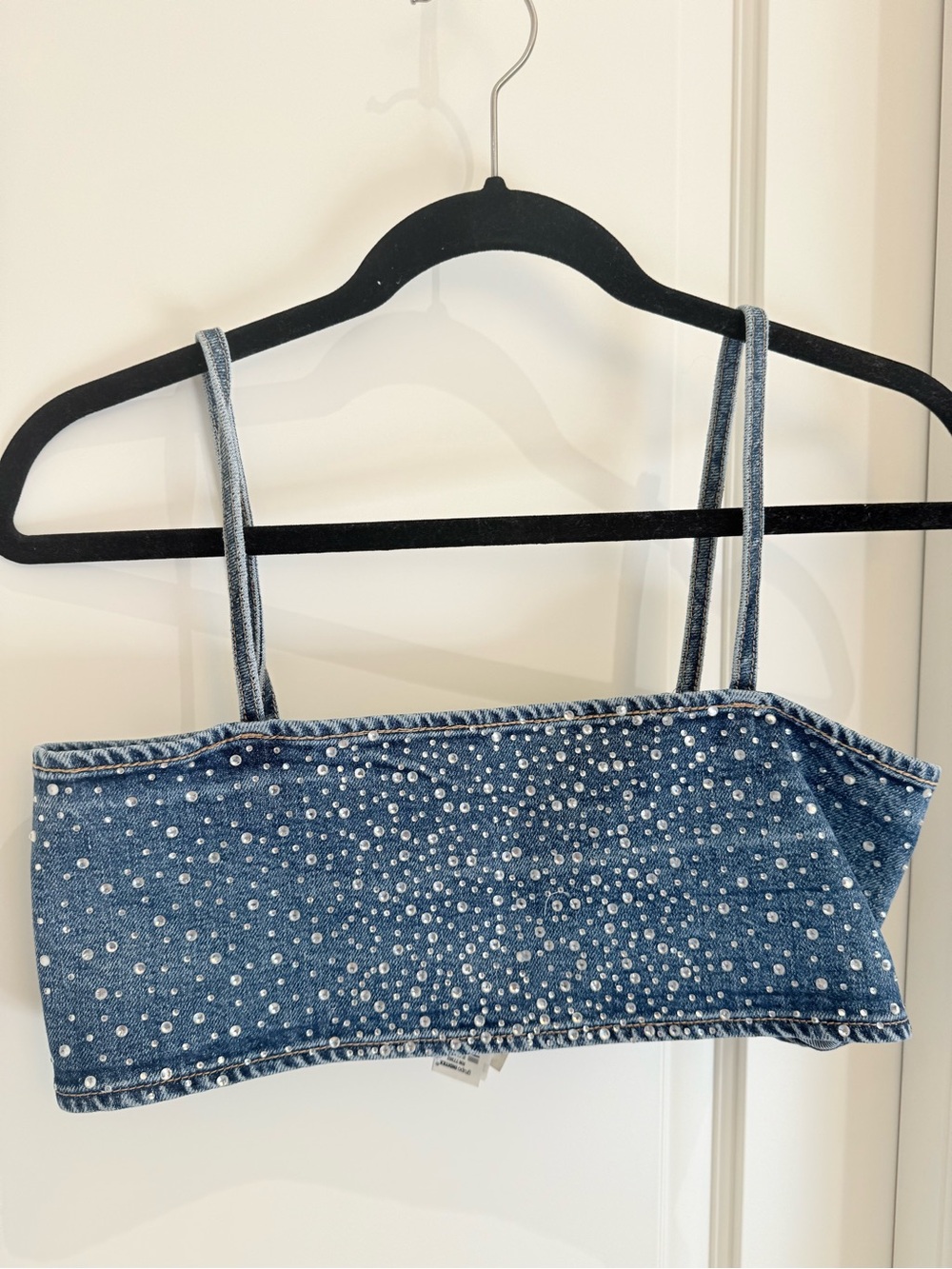 Zara Blue Rhinestone Denim Bandeau Crop Top